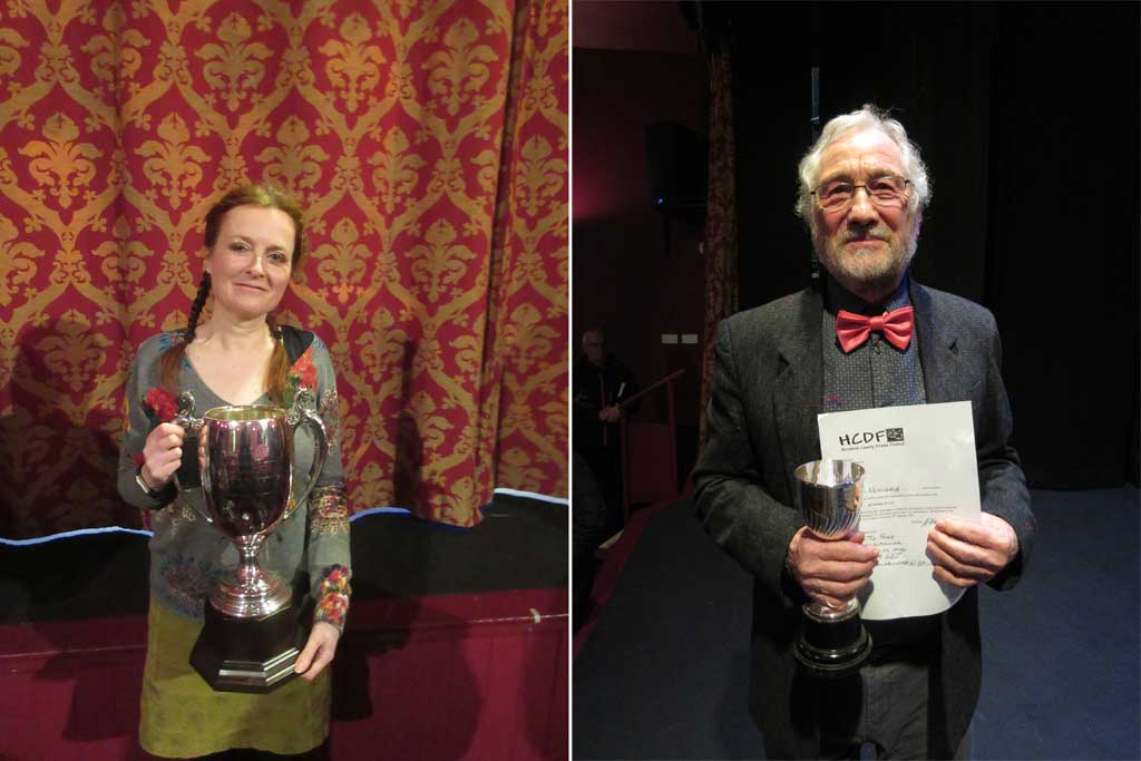 Photo of Catherine Crosswell holding the winner's cup, one of Jim Newcomb holding the runner-up cup