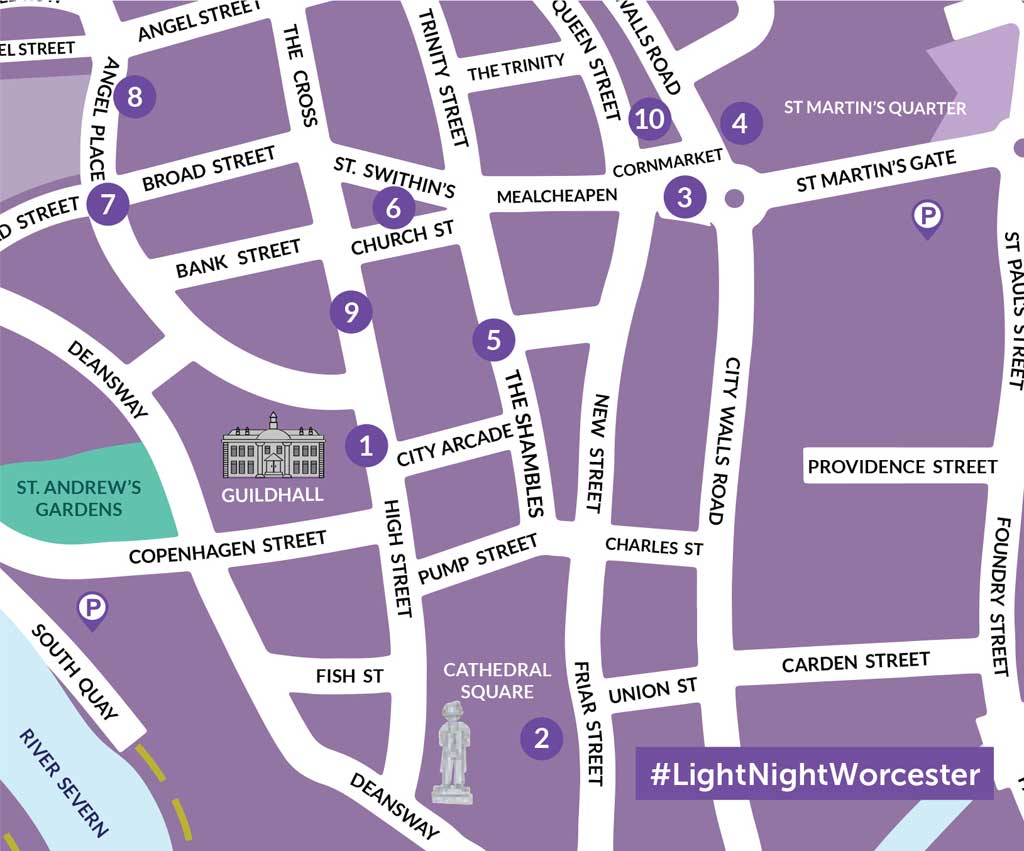 A map for Light Night Worcester 2023