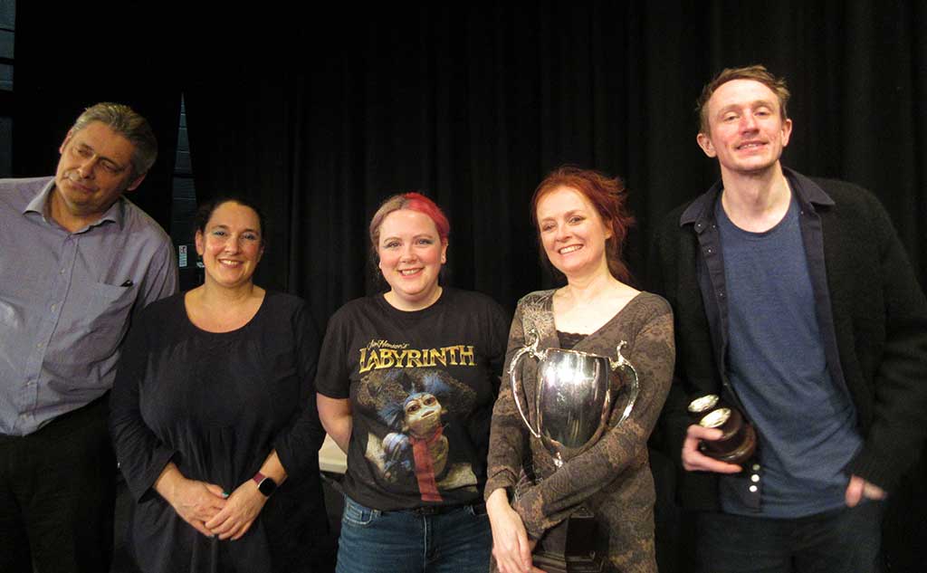 Photo of the cast of ‘The Gallery’ with Catherine Crosswell holding the David Garrick Cup